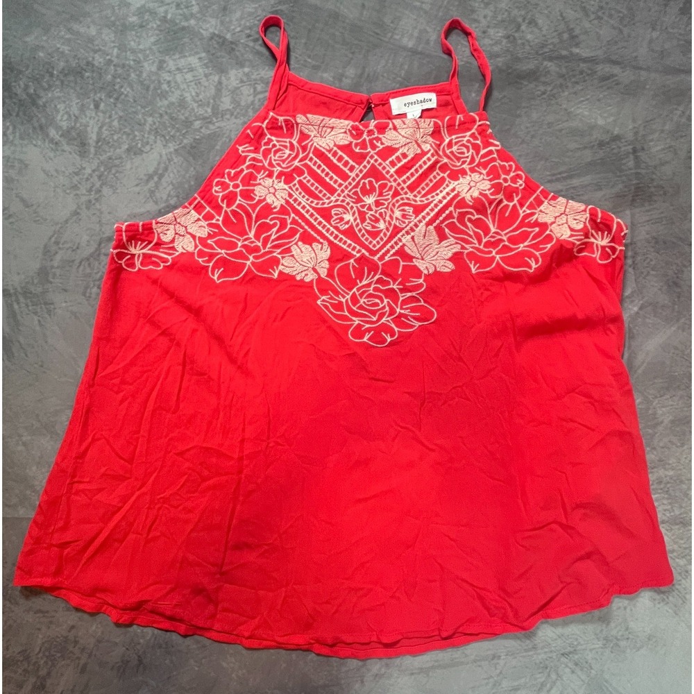 Eyeshadow Tank Top Womens Size Large Red Floral Embroidered Square Neck Rayon